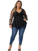 Plus Size V Neck Panel Heart Sheer Mesh Long Sleeve Shirts Blouses Babydoll Tops