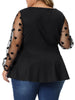 Plus Size V Neck Panel Heart Sheer Mesh Long Sleeve Shirts Blouses Babydoll Tops