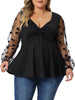 Plus Size V Neck Panel Heart Sheer Mesh Long Sleeve Shirts Blouses Babydoll Tops