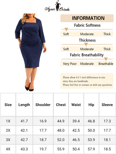 Plus Size Dress for Women Square Neck Half Sleeve Pleated Front Sheath Dresses