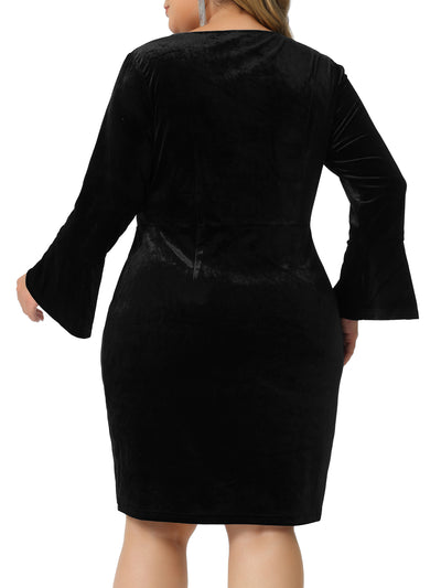 Plus Size Velvet Dress for Women Round Neck Ruffle Long Sleeve Cocktail Mini Dresses