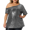 Plus Size Sequin Sparkly One Shoulder Short Sleeve Party Tops Blouses