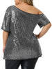 Plus Size Sequin Sparkly One Shoulder Short Sleeve Party Tops Blouses