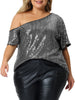 Plus Size Sequin Sparkly One Shoulder Short Sleeve Party Tops Blouses