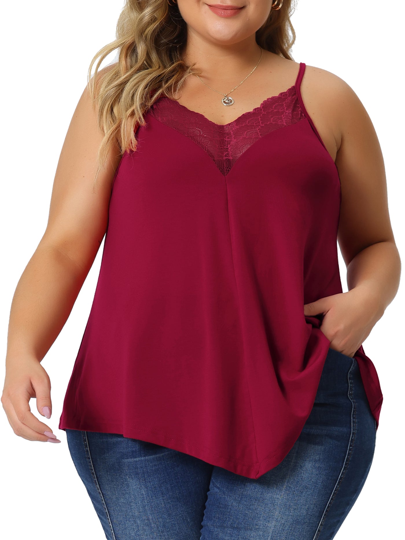 Bublédon Plus Size Cami Tank for Women V-Neck Lace Front Camisole Spaghetti Strap Sleeveless Tops