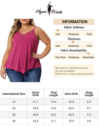 Plus Size Cami Tank for Women V-Neck Lace Front Camisole Spaghetti Strap Sleeveless Tops