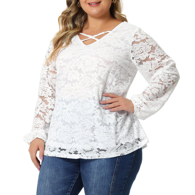 Lace Blouse for Women Plus Size Sheer Long Sleeve Elastic Cuff Layer Cross V Neck Tops