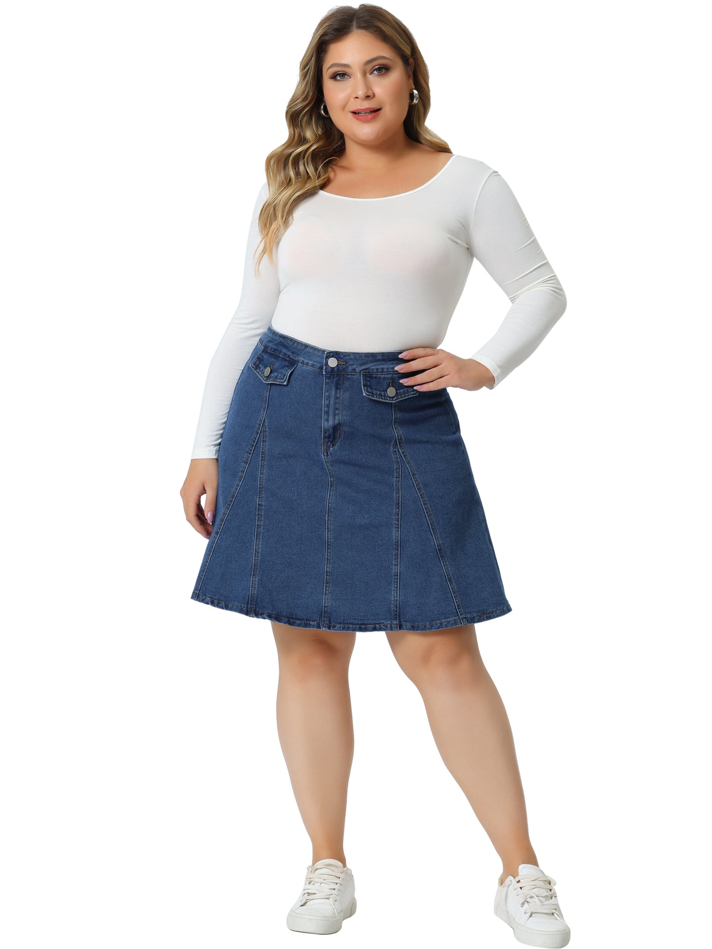 Bublédon Plus Size Denim Skirt for Women Casual A-line Jean Buttons Decor Faux Pockets Mini Skirts