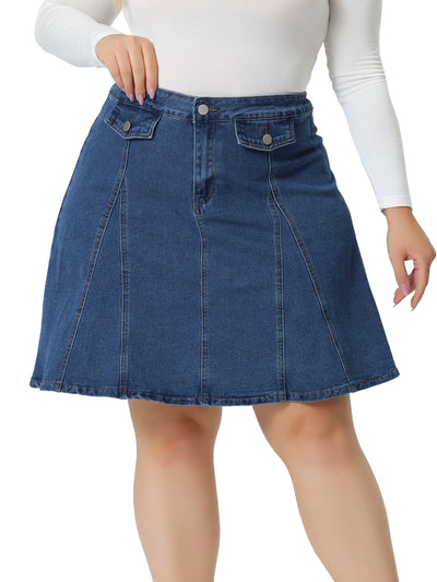 Plus Size Denim Skirt for Women Casual A-line Jean Buttons Decor Faux Pockets Mini Skirts