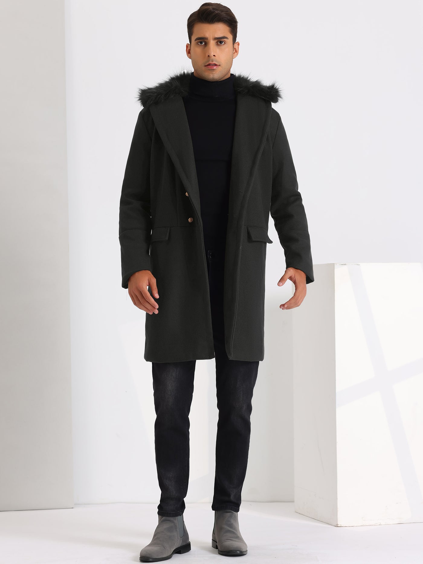 Bublédon Winter Overcoat for Men's Double Breasted with Detachable Faux Fur Collar Trench Coat