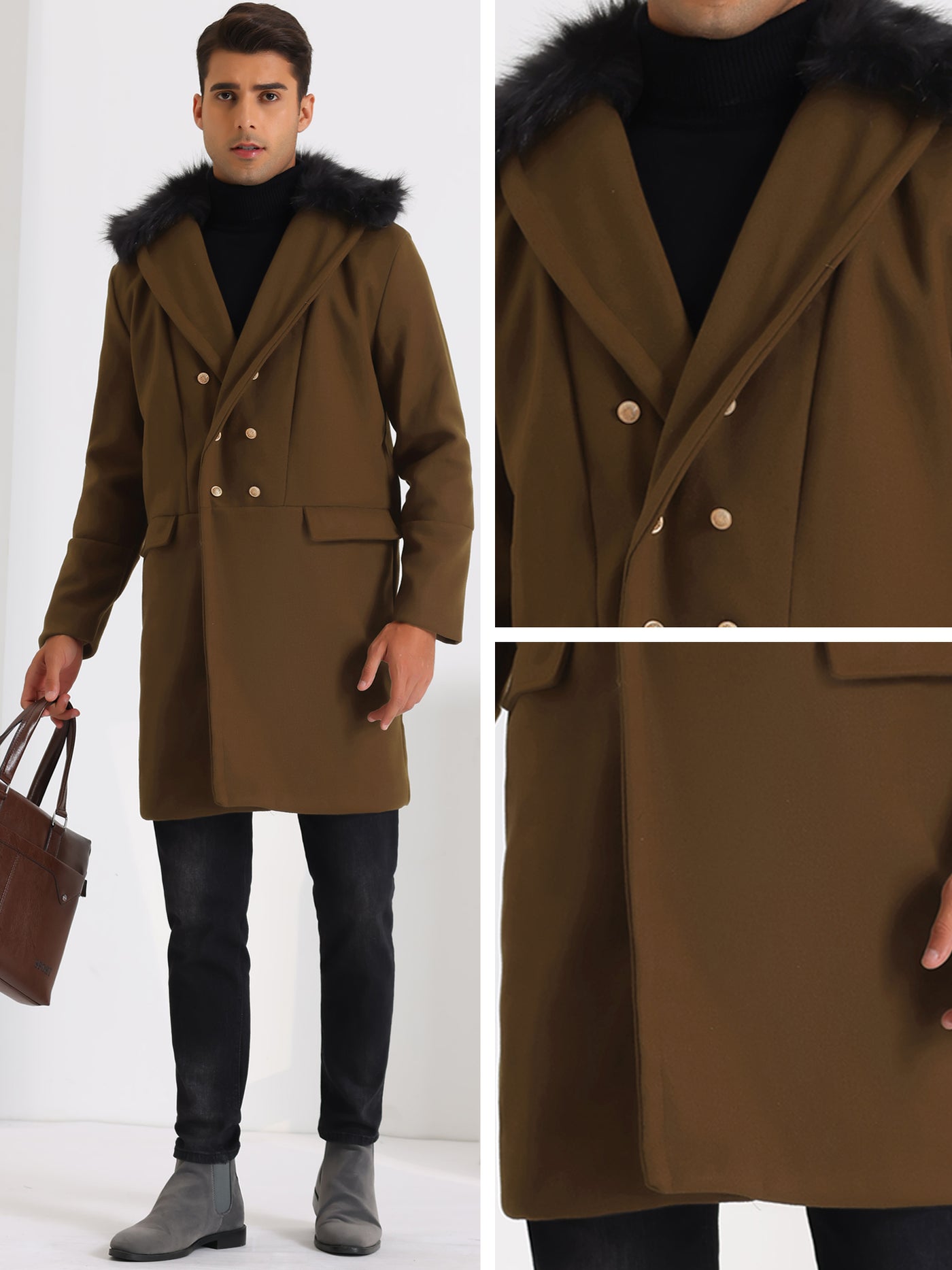 Bublédon Winter Overcoat for Men's Double Breasted with Detachable Faux Fur Collar Trench Coat