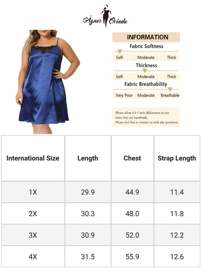 Plus Size Nightgown for Women Spaghetti Strap Adjustable Lace Insert Satin Cami Nightdress 2023