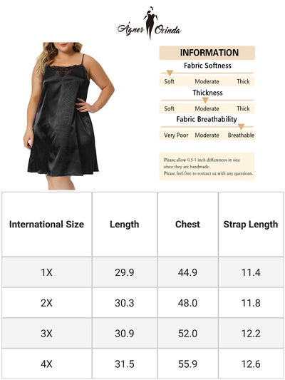 Plus Size Nightgown for Women Spaghetti Strap Adjustable Lace Insert Satin Cami Nightdress 2023