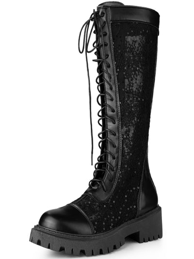 Perphy Women's Lace Up Mesh Floral Chunky Heel Knee High Boots
