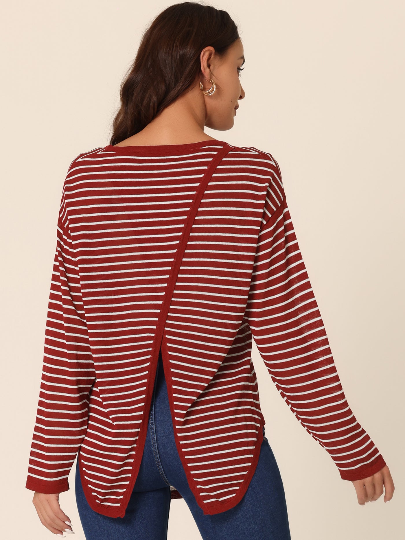 Bublédon Women's Long Sleeve Back Split Striped Knit Pullover Sweater Curved Hem Fashion Jumper Tops