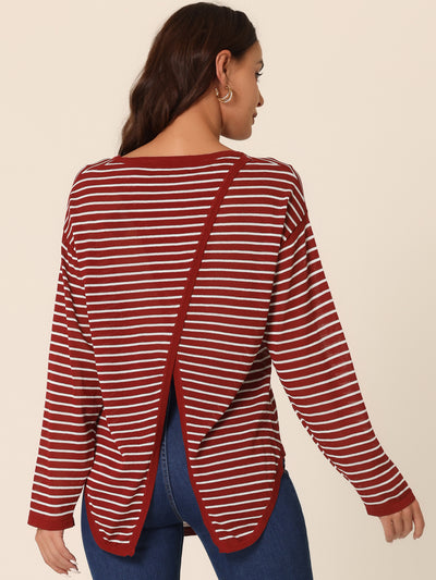 Women's Long Sleeve Back Split Striped Knit Pullover Sweater Curved Hem Fashion Jumper Tops