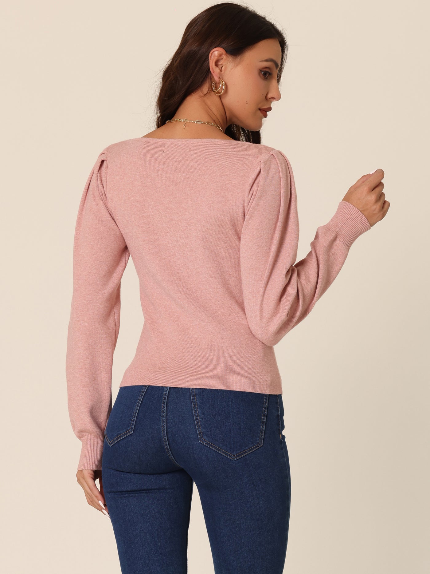 Bublédon Women's Casual Ribbed Knit Jumper Tops Long Sleeve Sweetheart Neck Solid Color Pullover Sweater
