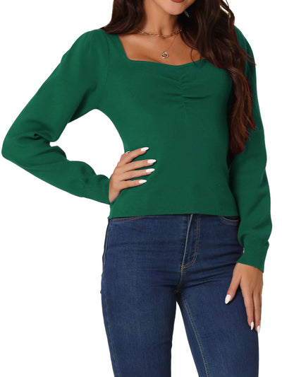 Women's Casual Ribbed Knit Jumper Tops Long Sleeve Sweetheart Neck Solid Color Pullover Sweater