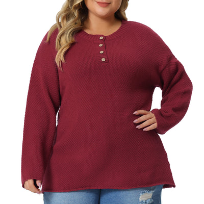 Plus Size Oversized Round Neck Long Sleeve Button Knit Pullover Sweater Tops