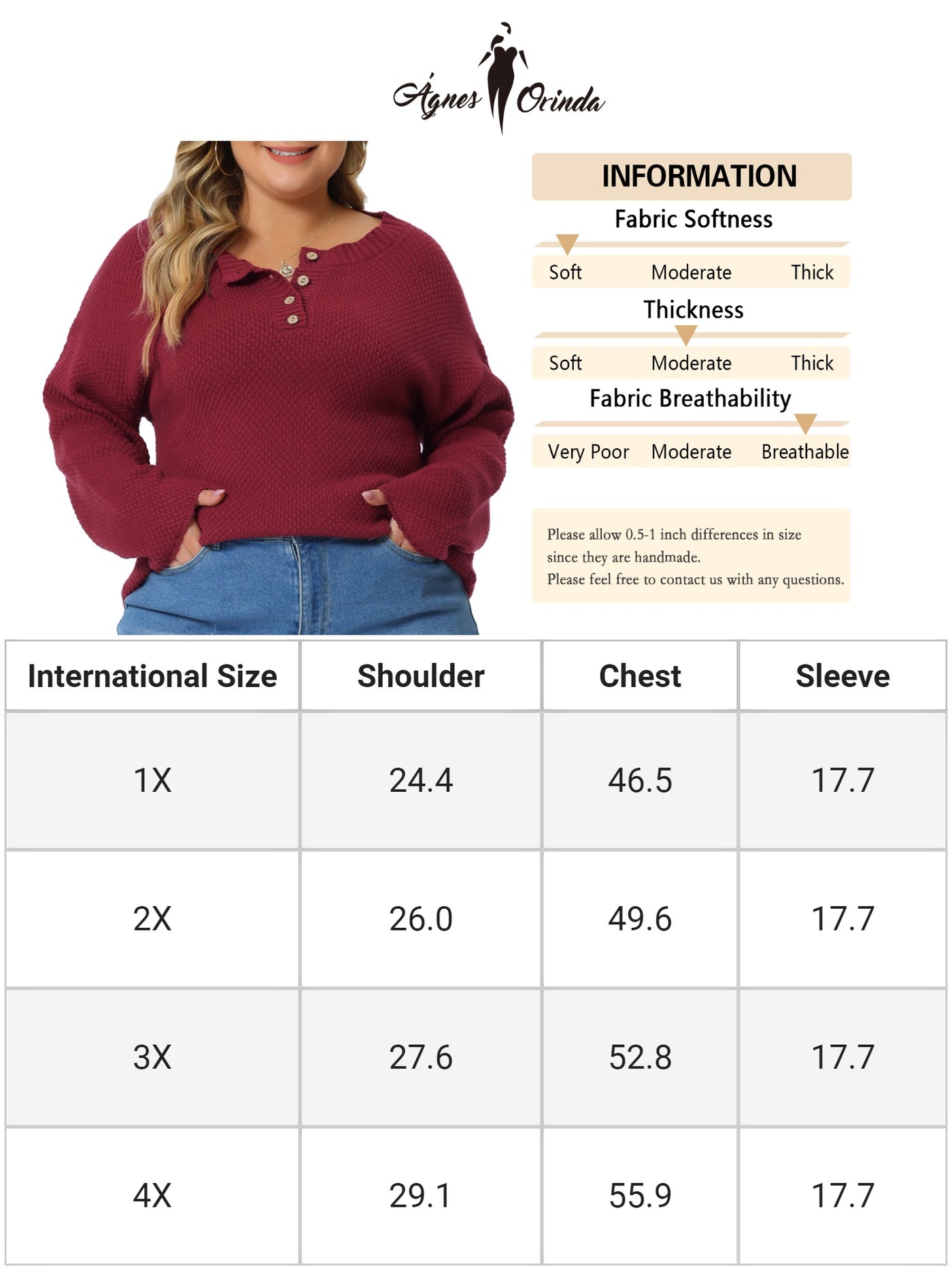 Bublédon Plus Size Oversized Round Neck Long Sleeve Button Knit Pullover Sweater Tops