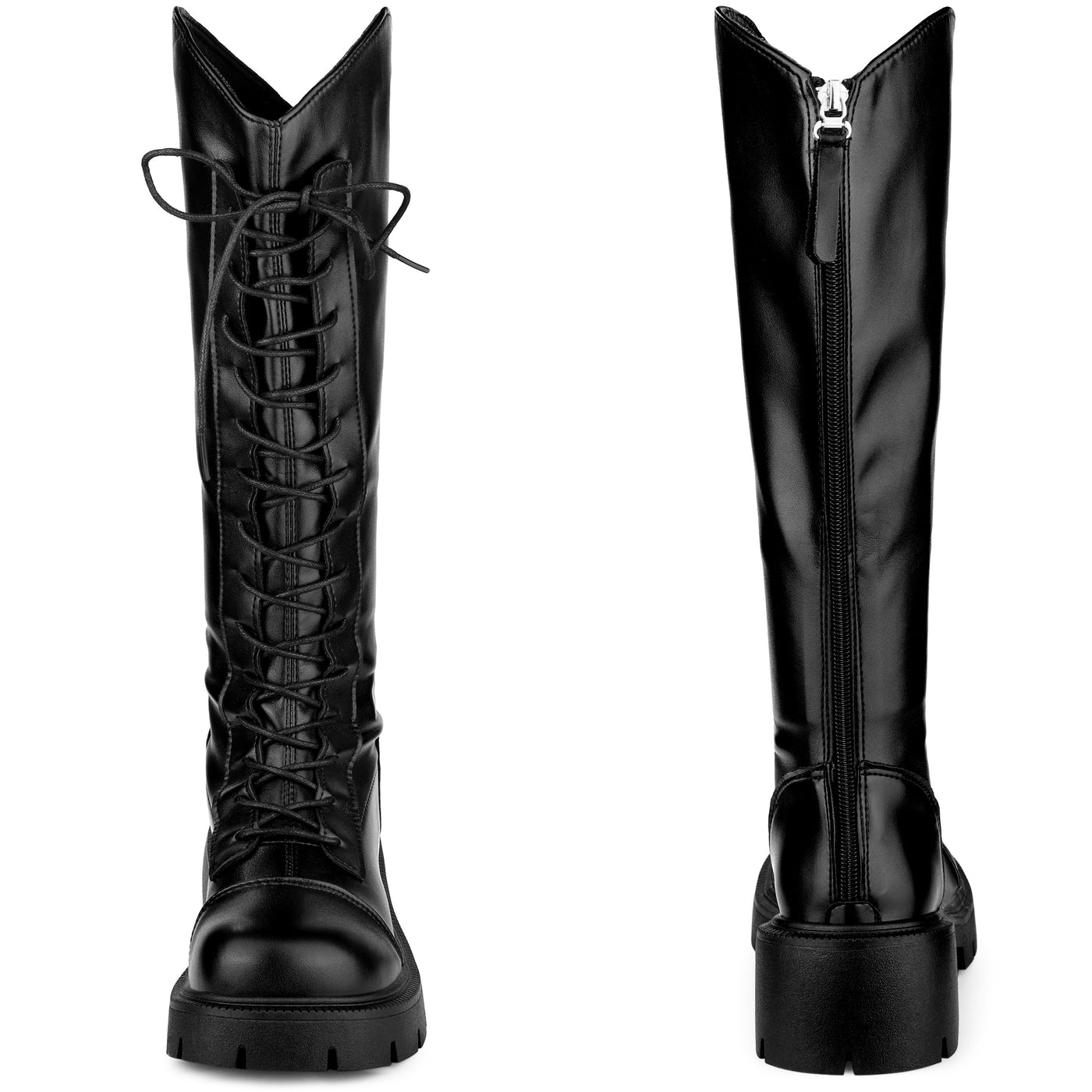 Bublédon Perphy Lace Up Round Toe Chunky Heel Knee High Boots for Women