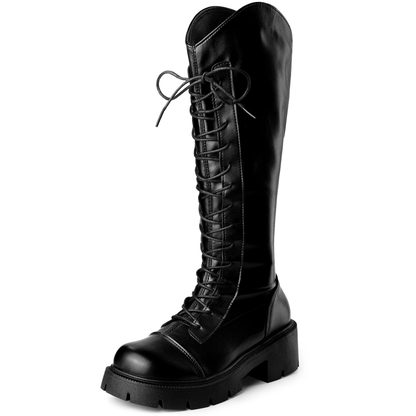 Bublédon Perphy Lace Up Round Toe Chunky Heel Knee High Boots for Women