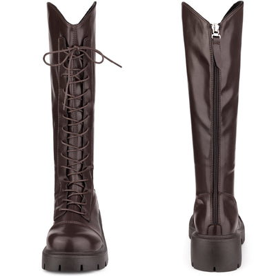 Perphy Lace Up Round Toe Chunky Heel Knee High Boots for Women