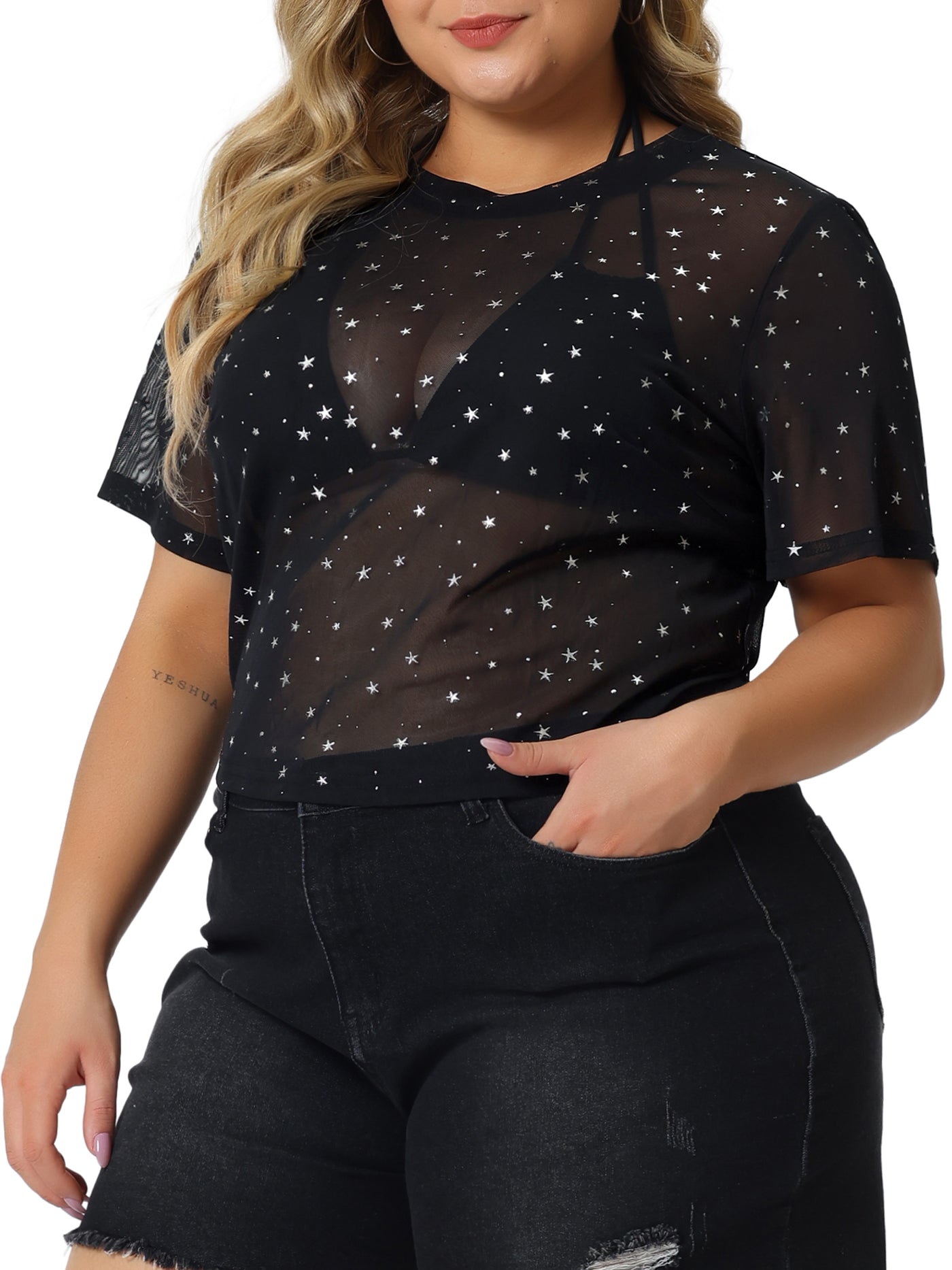 Bublédon Mesh Top for Women Plus Size Silver Star Print Round Neck Short Sleeve Club Sheer Crop Tops