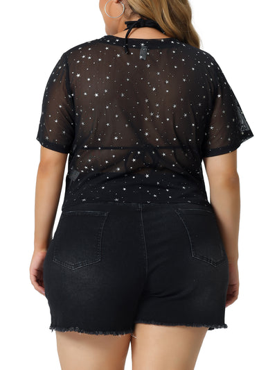 Mesh Top for Women Plus Size Silver Star Print Round Neck Short Sleeve Club Sheer Crop Tops