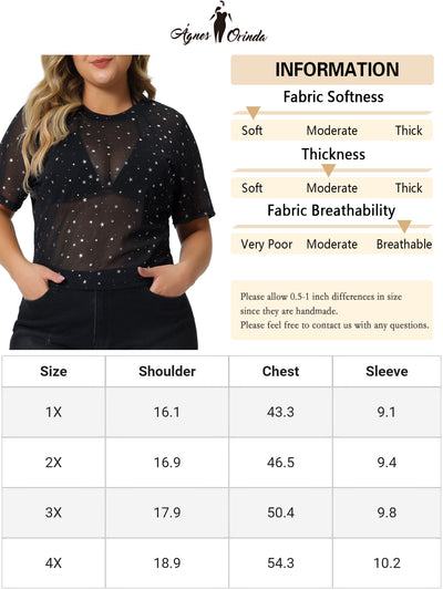 Mesh Top for Women Plus Size Silver Star Print Round Neck Short Sleeve Club Sheer Crop Tops
