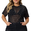 Mesh Top for Women Plus Size Silver Star Print Round Neck Short Sleeve Club Sheer Crop Tops