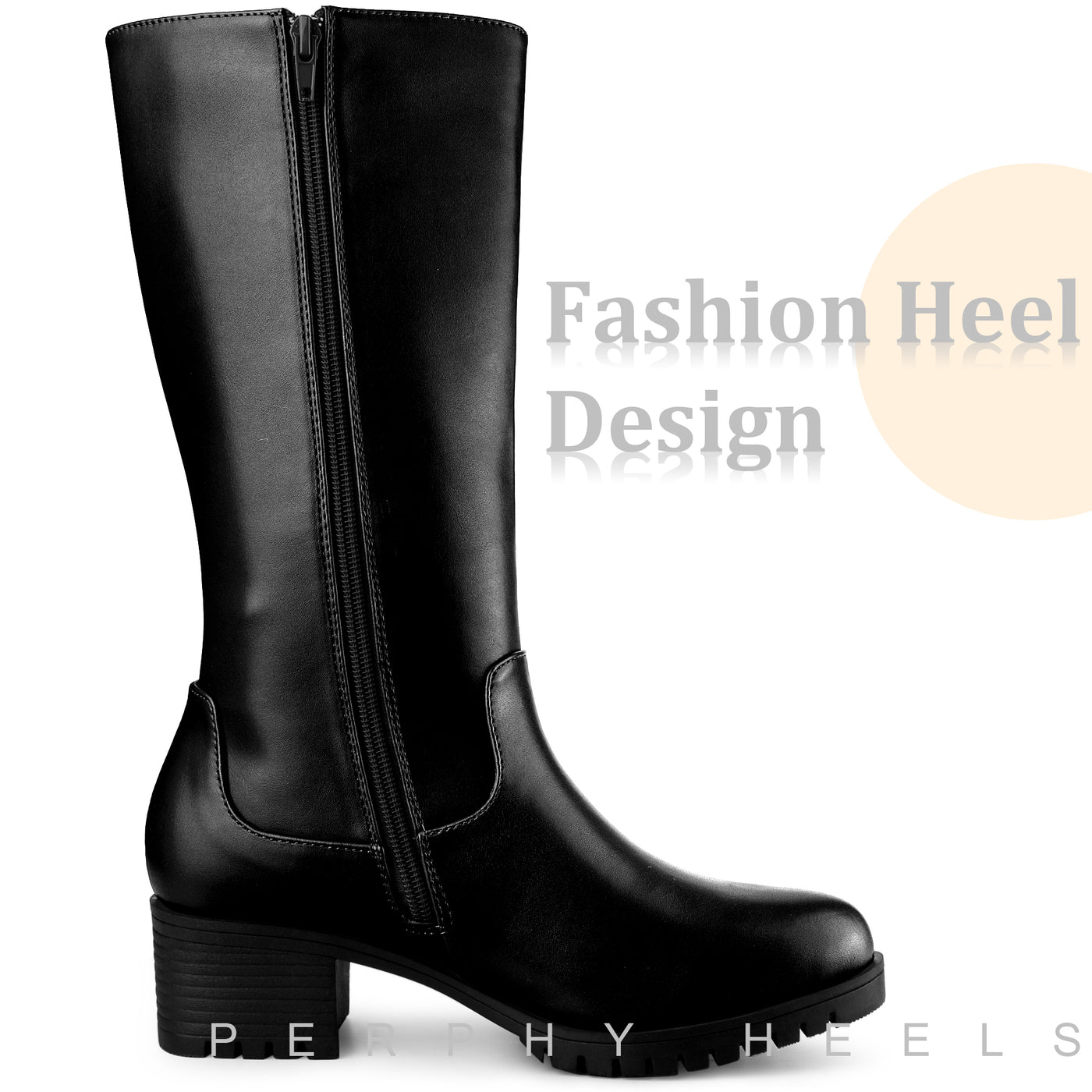 Bublédon Perphy Round Toe Side Zip Low Chunky Heels Mid Calf Boots for Women