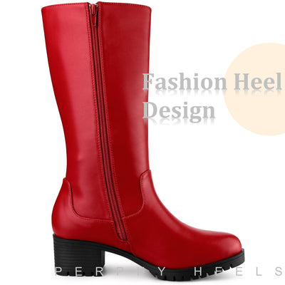 Perphy Round Toe Side Zip Low Chunky Heels Mid Calf Boots for Women