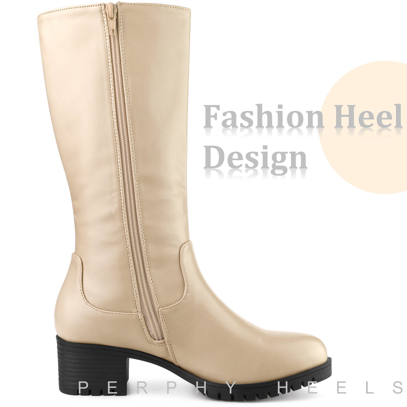 Bublédon Perphy Round Toe Side Zip Low Chunky Heels Mid Calf Boots for Women