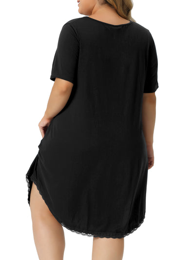Plus Size Pajama Dress for Women V Neck Short Sleeve Lace Trim Hem Loose Tshirt Nightgown Sleepwear
