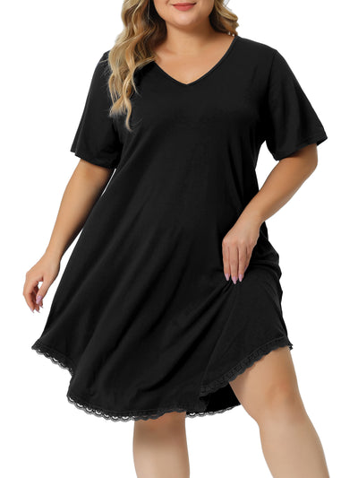 Plus Size Pajama Dress for Women V Neck Short Sleeve Lace Trim Hem Loose Tshirt Nightgown Sleepwear