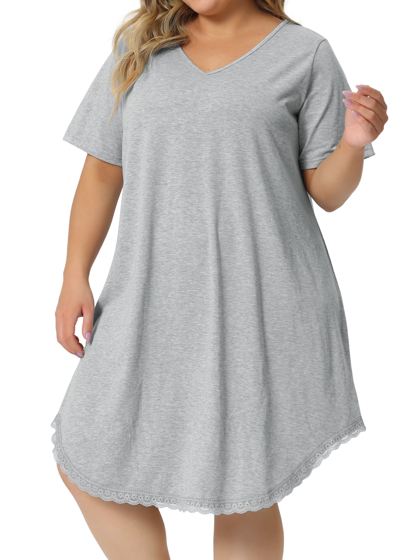 Bublédon Plus Size Pajama Dress for Women V Neck Short Sleeve Lace Trim Hem Loose Tshirt Nightgown Sleepwear