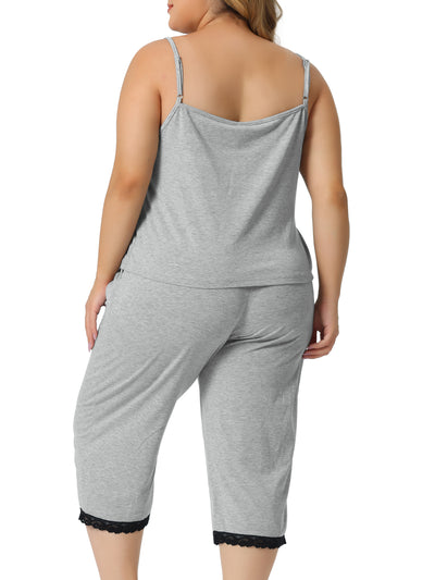 Plus Size Pajamas Sets for Women Lace Trim V-Neck Cami Top Capri Pants Elastic Soft Nightwear Sleepwear