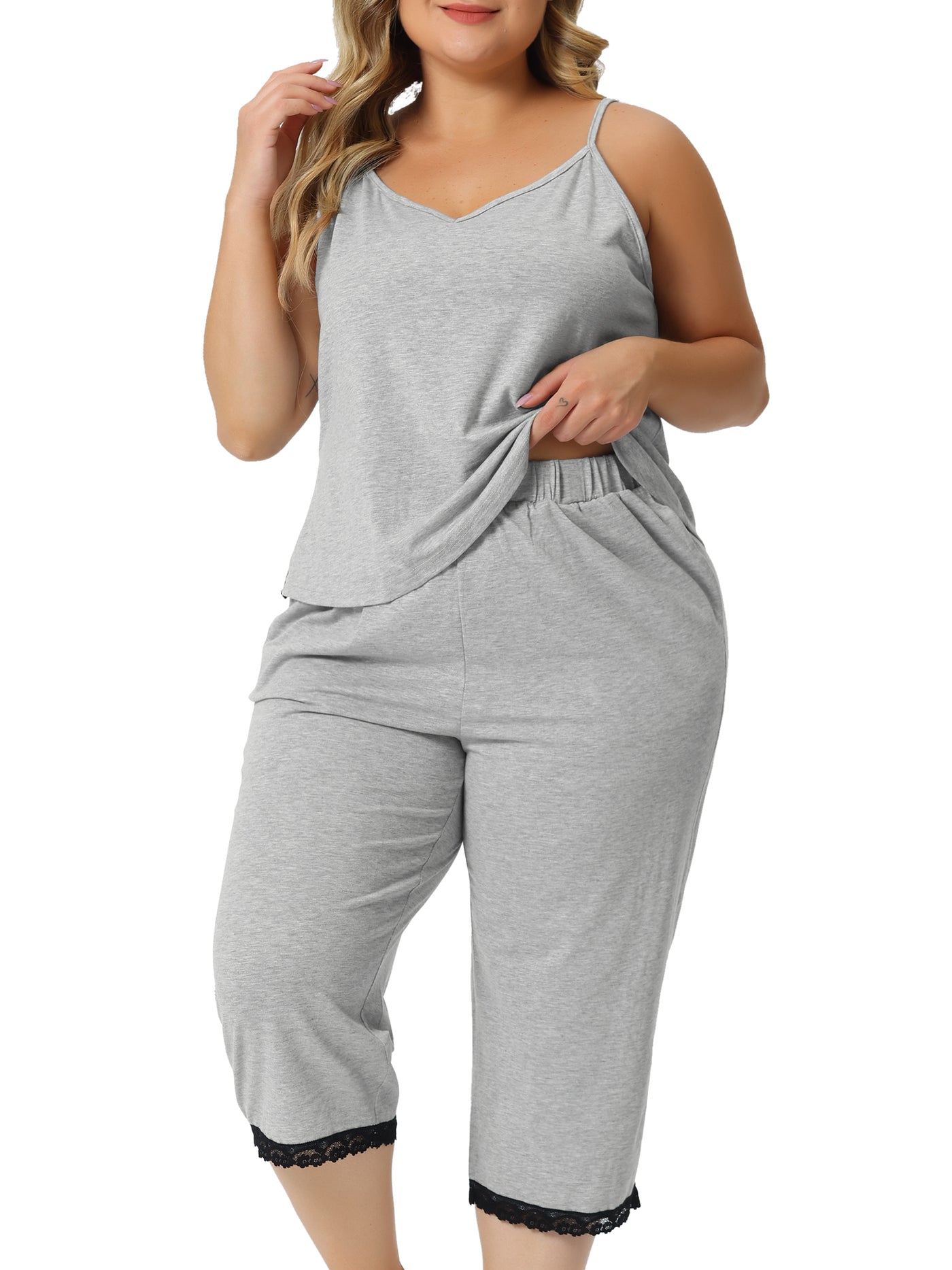 Bublédon Plus Size Pajamas Sets for Women Lace Trim V-Neck Cami Top Capri Pants Elastic Soft Nightwear Sleepwear