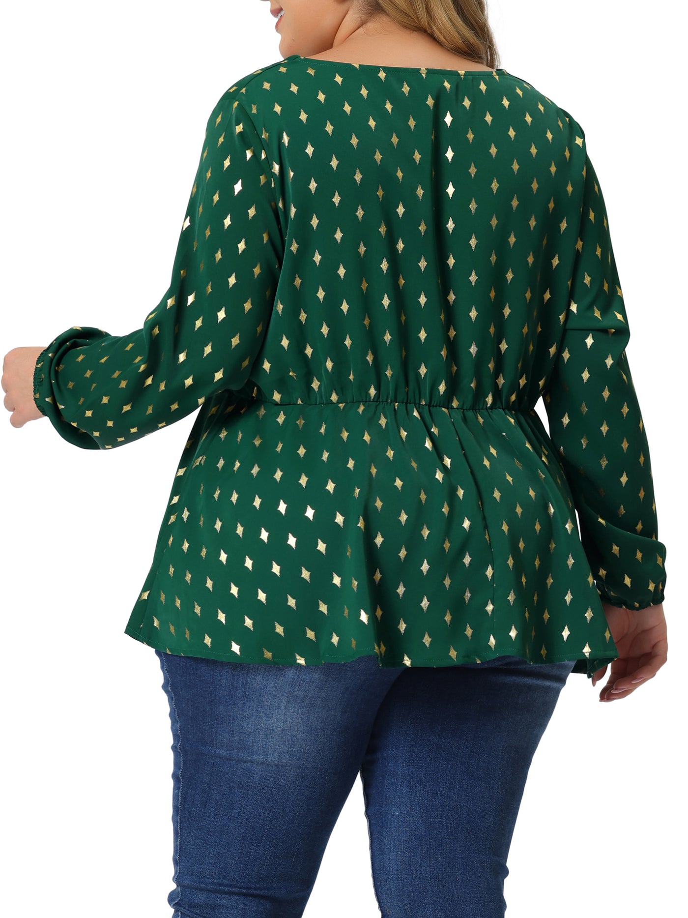 Bublédon Plus Size Blouses for Women Long Sleeve V Neck Geometric Print Ruffled Elastic Waist Tunic Tops