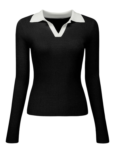 Women's Fitted Knit Top V Neck Contrast Color Long Sleeve Polo Sweater Tops