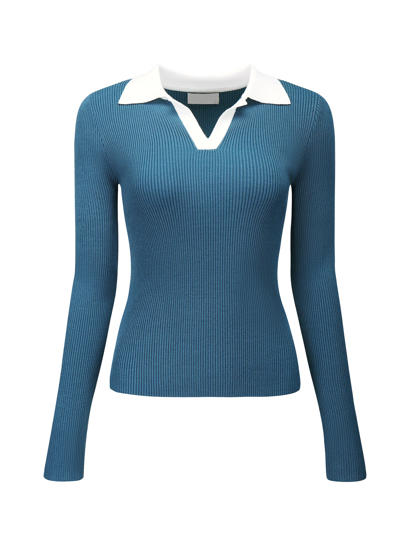 Bublédon Women's Fitted Knit Top V Neck Contrast Color Long Sleeve Polo Sweater Tops