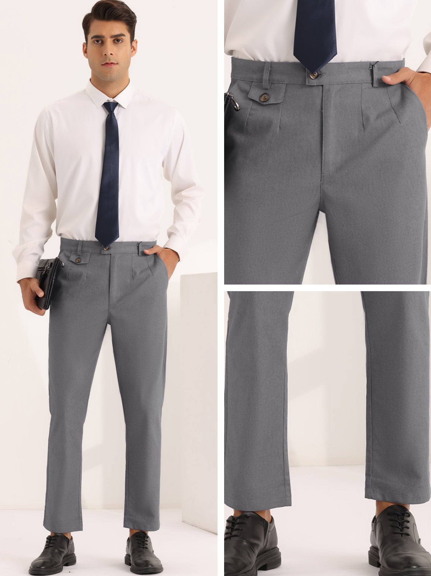 Bublédon Double Pleated Dress Pants for Men's Solid Color Slim Fit Formal Trousers