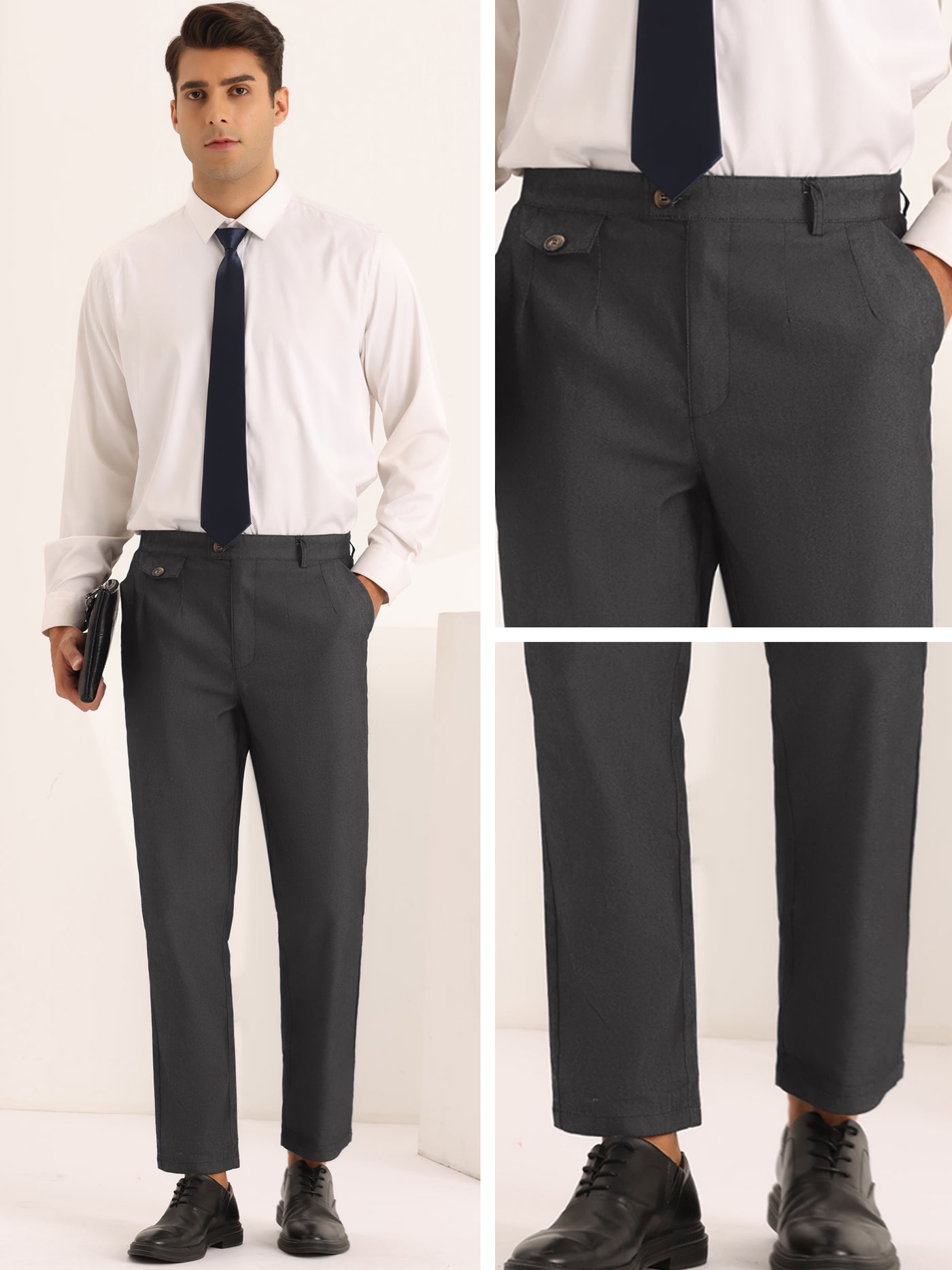 Bublédon Double Pleated Dress Pants for Men's Solid Color Slim Fit Formal Trousers