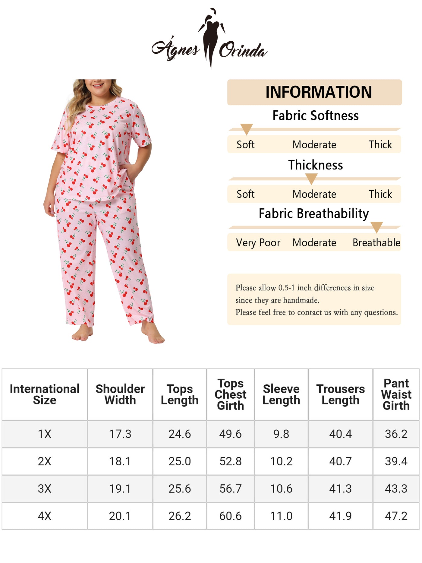 Bublédon Plus Size Pajamas Sets for Women Short Sleeve Cherry Print Elastic Soft Pockets Nightwear Sleepwear