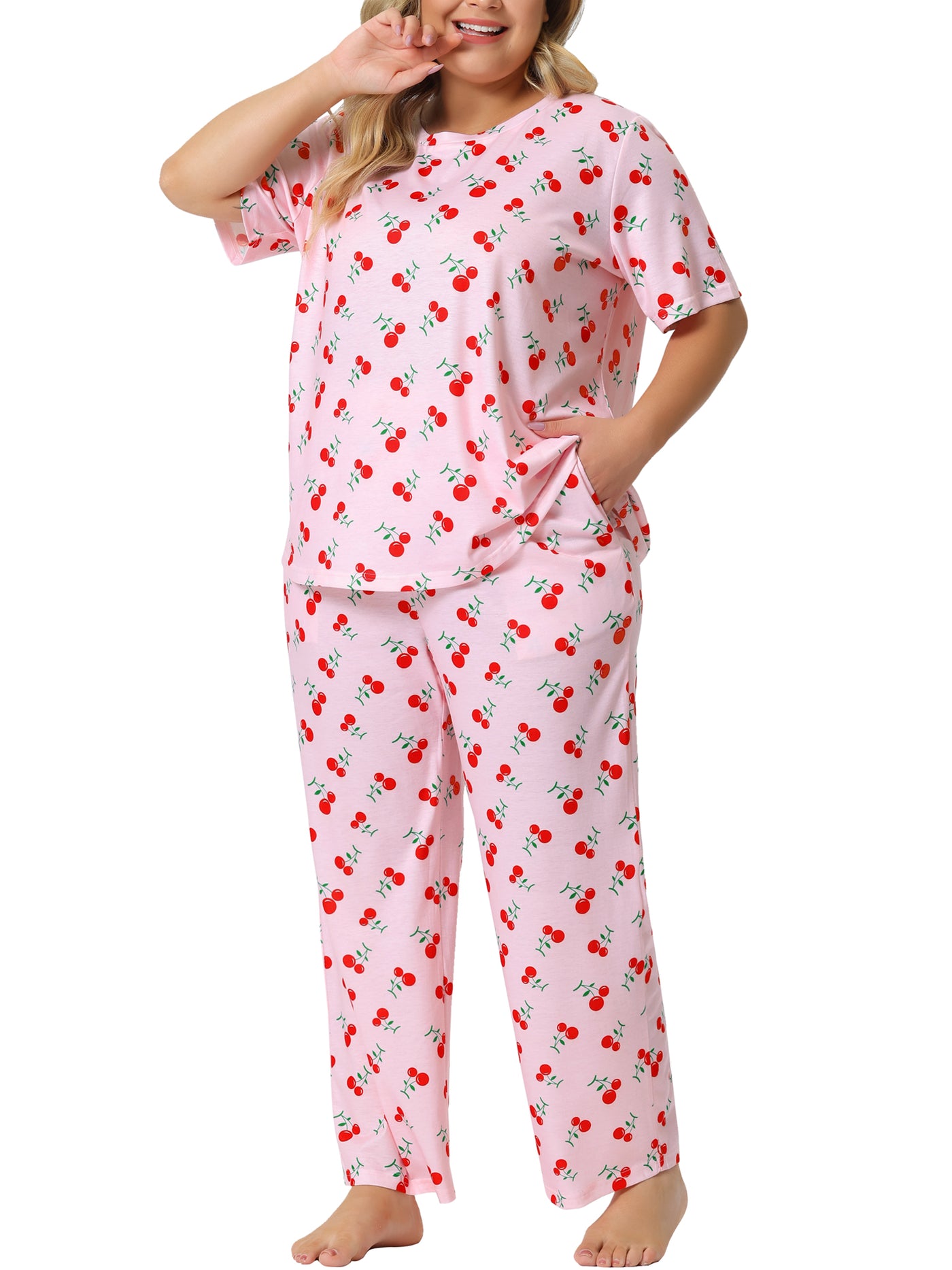 Bublédon Plus Size Pajamas Sets for Women Short Sleeve Cherry Print Elastic Soft Pockets Nightwear Sleepwear