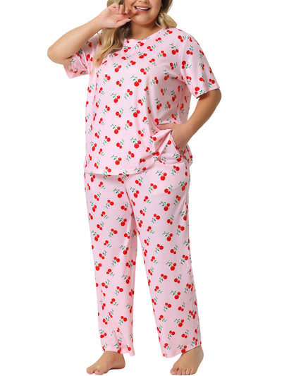 Plus Size Pajamas Sets for Women Short Sleeve Cherry Print Elastic Soft Pockets Nightwear Sleepwear