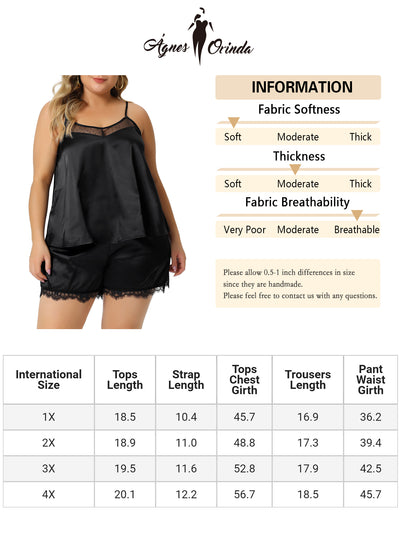 Plus Size Sleepwear for Women V-Neck Lace Trim Cami Tops Shorts Satin Elastic Nightwear Pajamas Sets