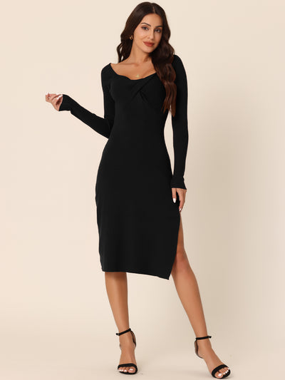 Women's Casual Long Sleeve Slim Fit Ribbed Knit Sweater Midi Dresses