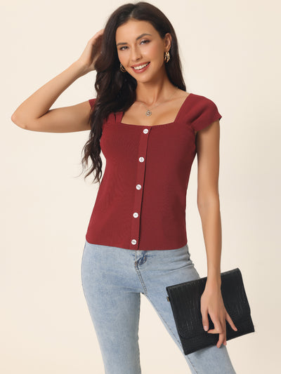 Summer Square Neck Ribbed Knit Buttons Decor Sleeveless Casual Pullover Tops